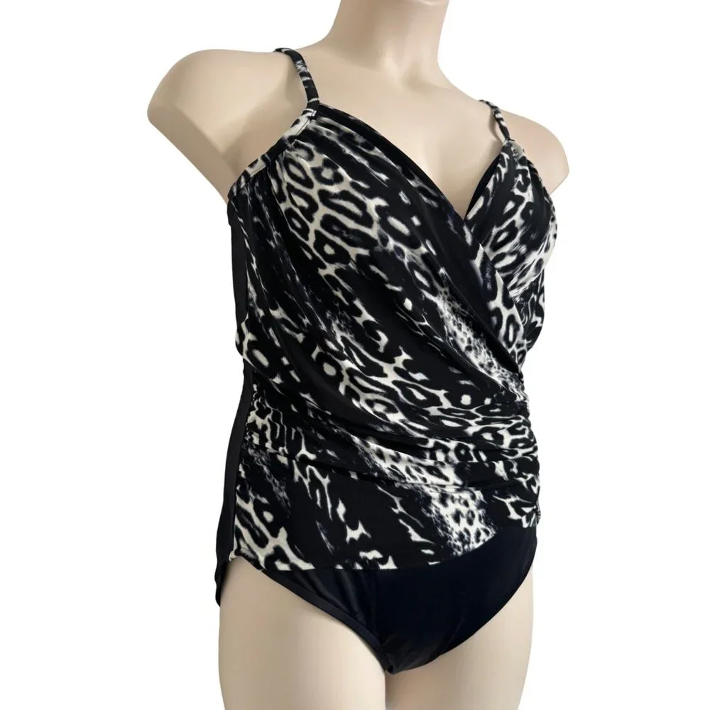 Magicsuit Size 16 Black White One Piece Swimsuit Built in Bra Ruched Front NWT